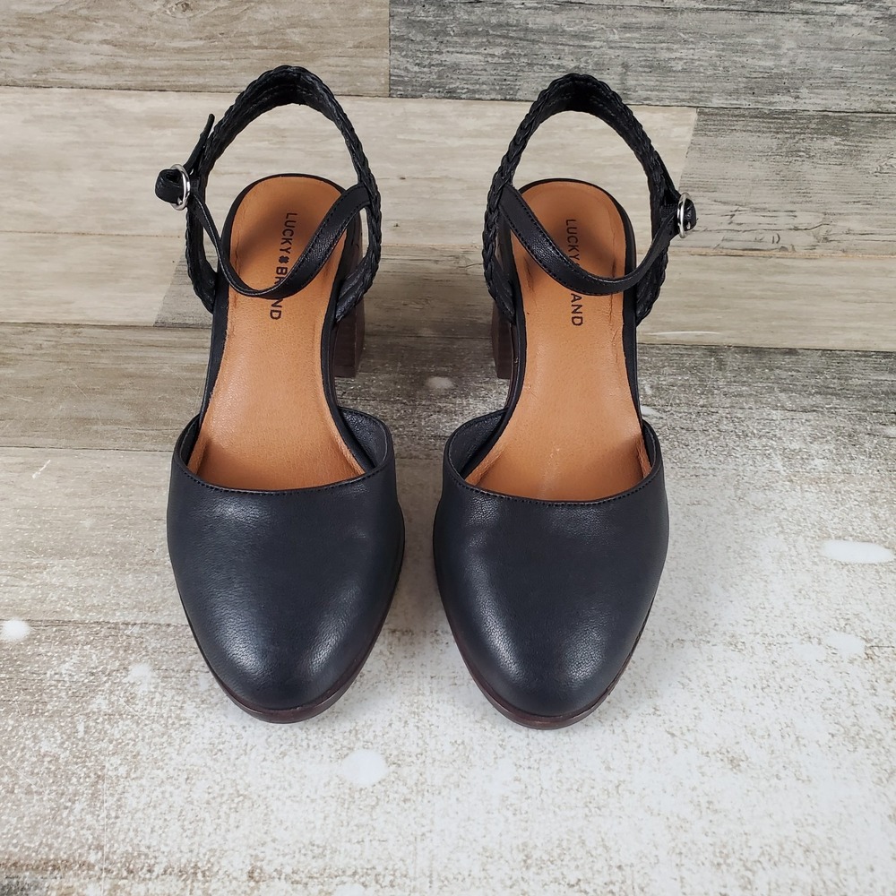 Lucky Brand Ravynna Women Pumps Sz 6.5 M Black Ankle Strap Block Heel Almond Toe - Picture 2 of 10